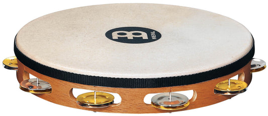 Tambourin bois avec peau de chèvre sélectionnée à la main, 1 rangée de cymbalettes acier nickelé et laiton, Super Natural