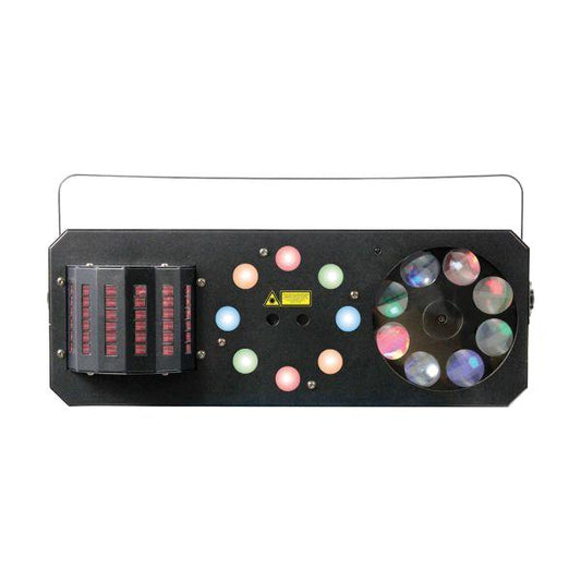 Power Lighting METEOR VI 4-in-1 Lighting Effects: Derby, Wash, Moonflower Gobos, Multi-point Red and Green Laser